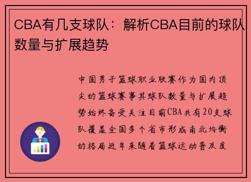CBA有几支球队：解析CBA目前的球队数量与扩展趋势