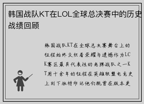 韩国战队KT在LOL全球总决赛中的历史战绩回顾